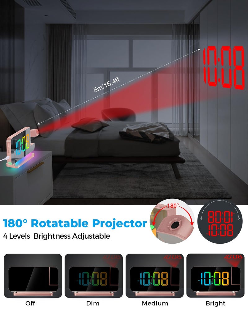 SZELAM Projection Alarm Clock 7.4 in LED Mirror Digital Clocks Projection on Ceiling Wall with RGB Night Light USB C Charging Port Auto Dimming Modern Desk Clock for Bedroom Decor - Rose Gold - Image 3